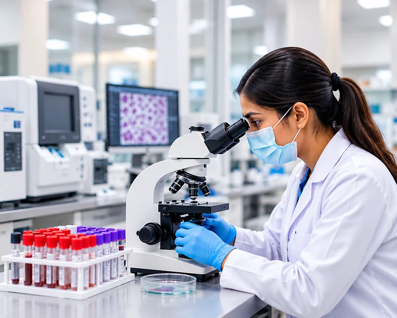 Lab technician examining samples under a microscope