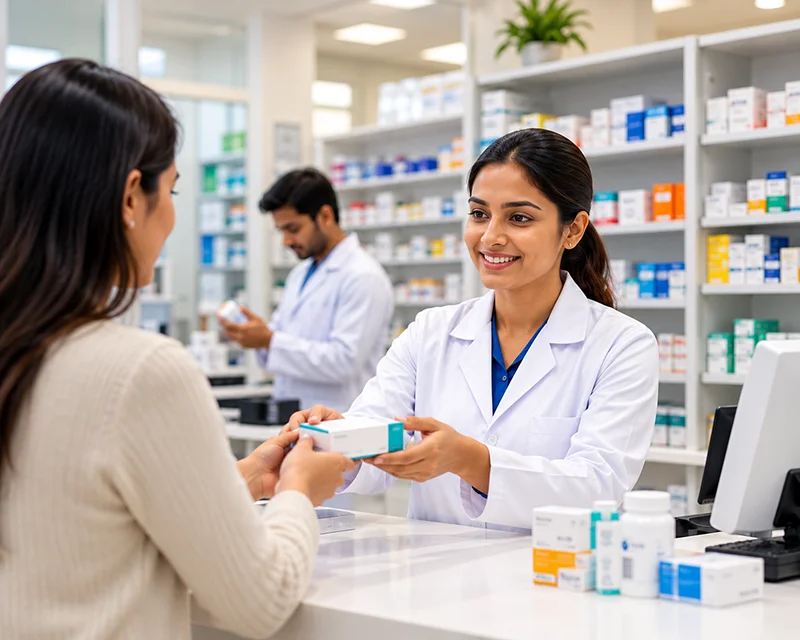 Pharmacist handing medicines to a patient