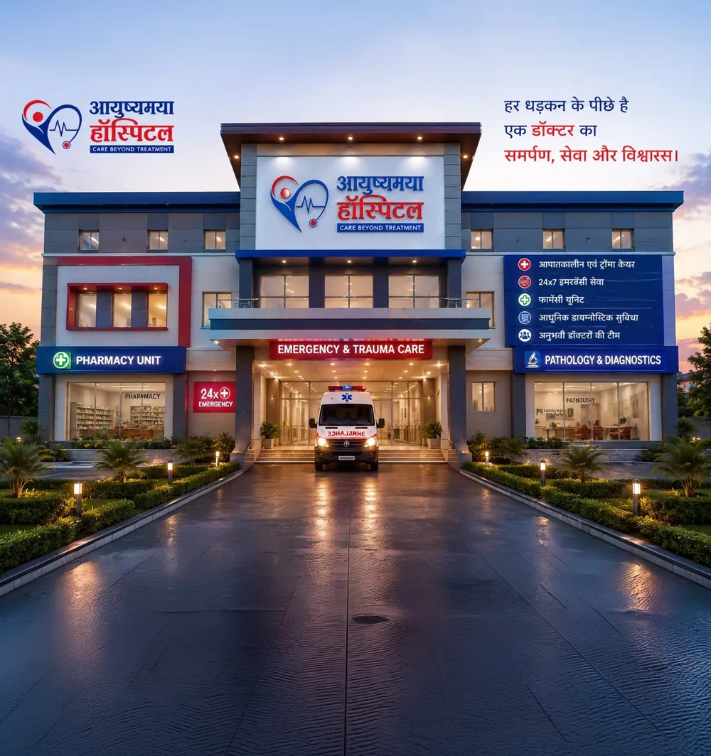 Ayushmaya Hospital building with emergency entrance, pharmacy unit and pathology & diagnostics